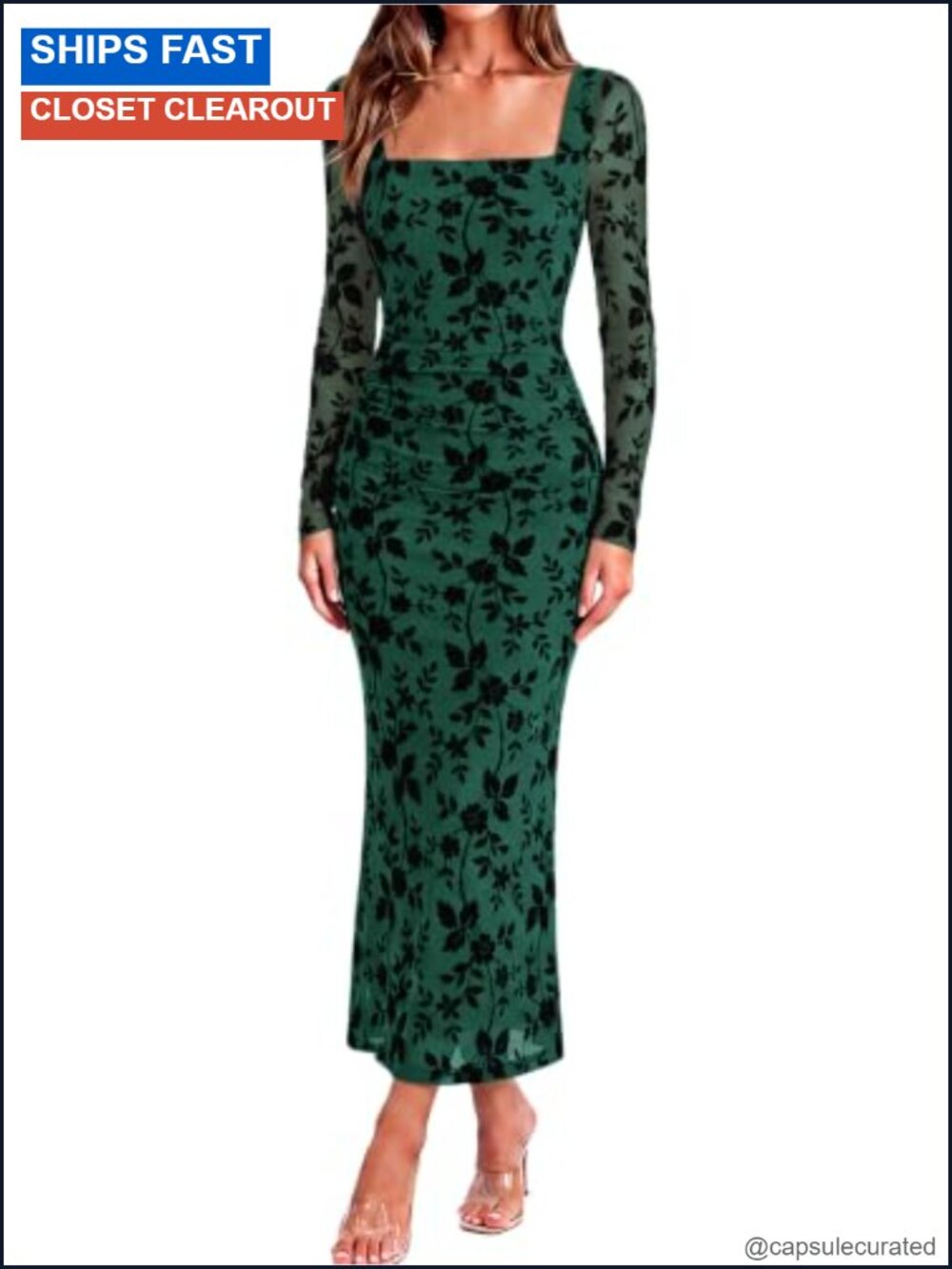Floral Mesh Midi Dress Square Neck Long Sleeve Bodycon Ruched